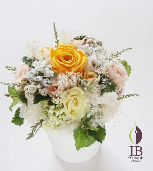 プリザーブドフラワー イエローオレンジ ポットアレンジ