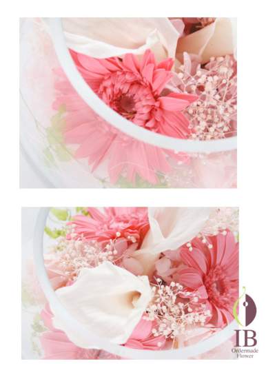 プリザーブド ガーベラピンクとカラー白のアップ