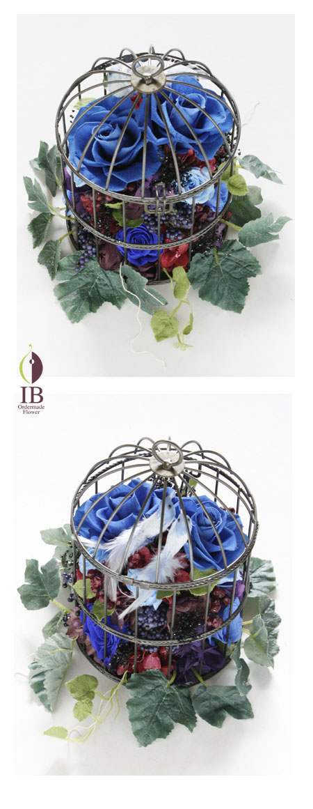 舞台出演おめでとう 鳥のかご 青いバラのアレンジ